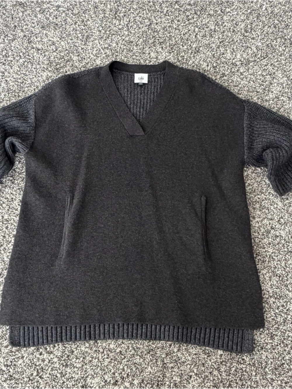 Cabi Gray Sweater Oversized XXS Ribbed Knit Short Sleeve V Neck Womens NWOT